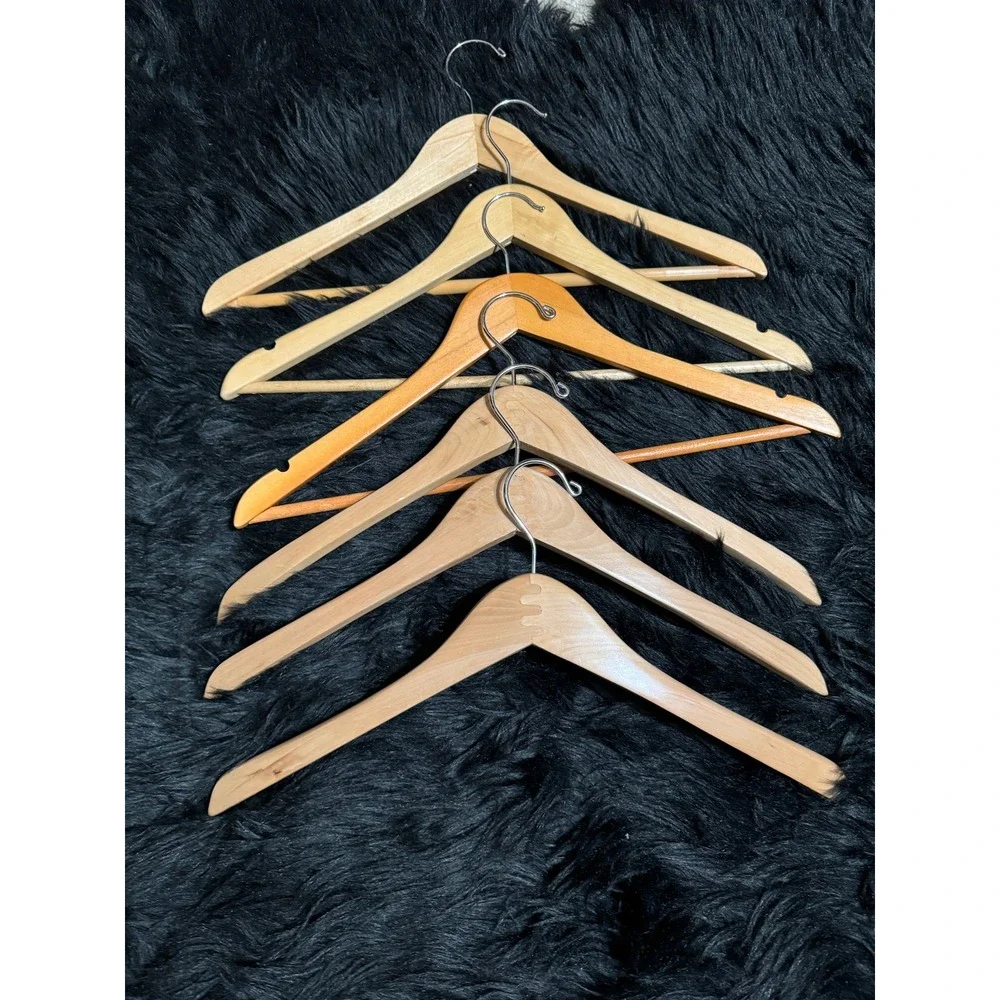 Set of 6 Natural Wood Hangers Mixed Style Wishbone and Contoured with Metal Hook